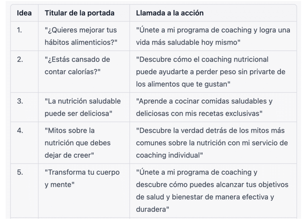 Ejemplo prompt para chatGPT para crear tabla de contenidos para Instagram