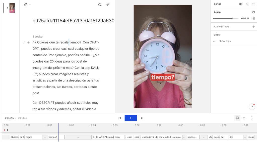 Ejemplo de edición de video desde la transcripcion con DESCRIPT para un Reel de Instagram